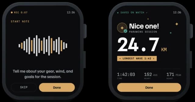 Foil Run Apple Watch screens for recording a spoken gear setup and reviewing a parawing session recap