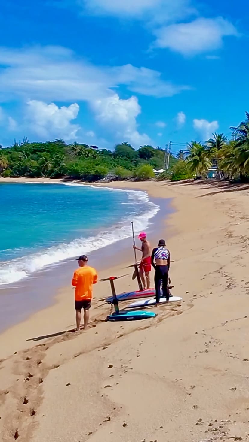 Friends with foiling gear on tropical beach